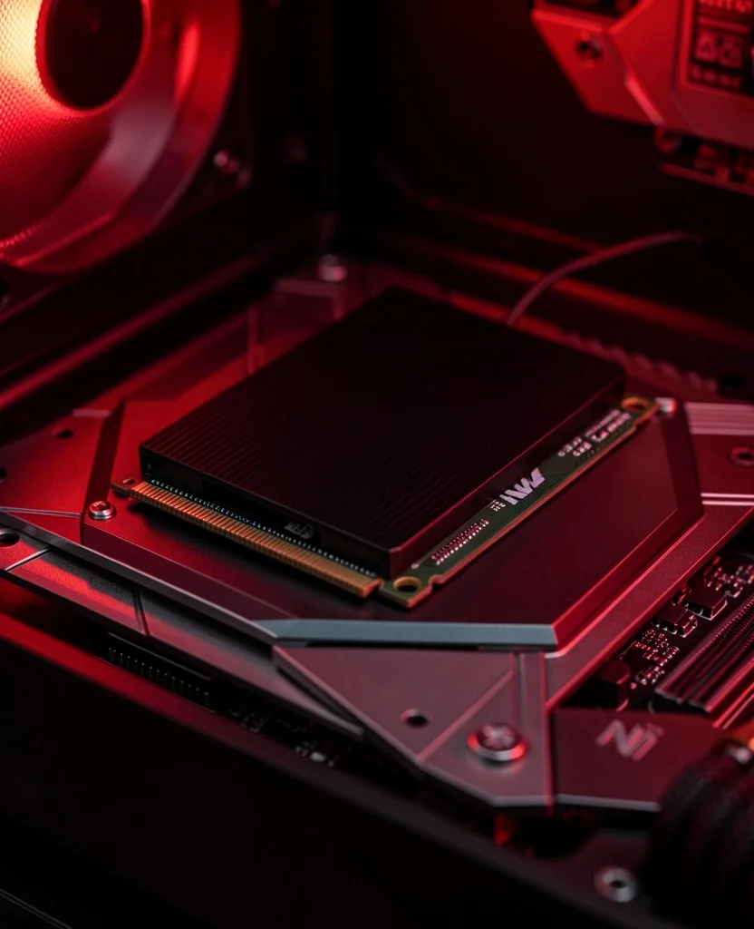 Memoria RAM DDR5 y almacenamiento NVMe en estación de trabajo