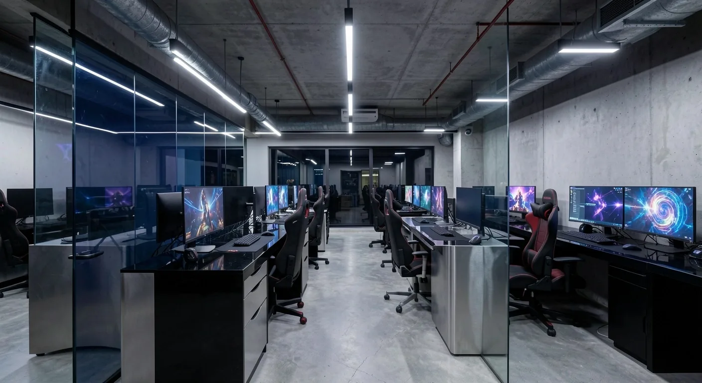 Interior del hub tecnológico Tervandor con estaciones de trabajo de alto rendimiento